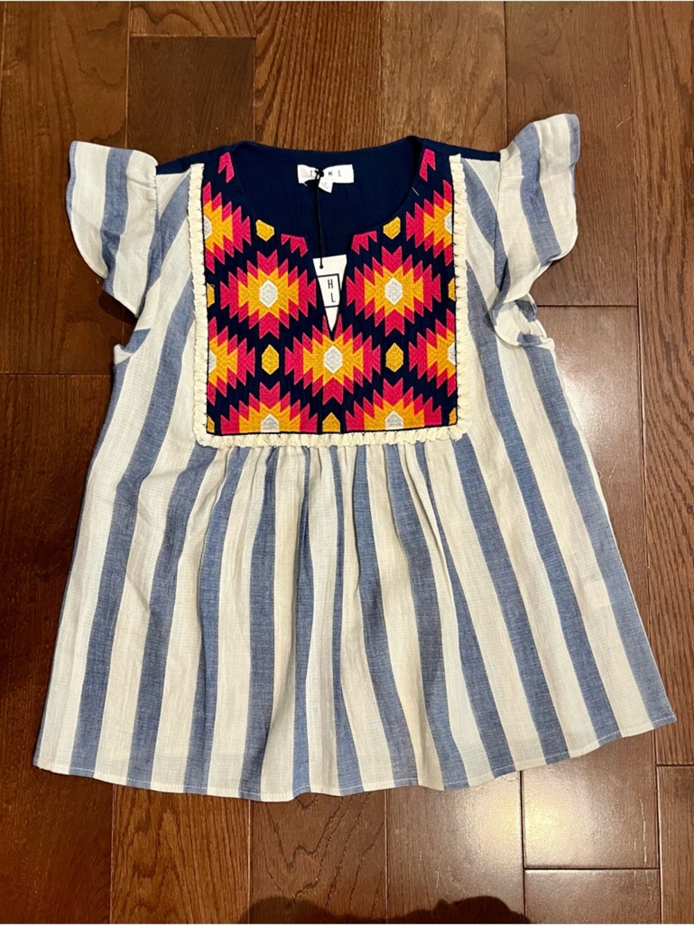 NWT THML Striped Flutter Sleeve Top with Colorful Embroidered Yoke